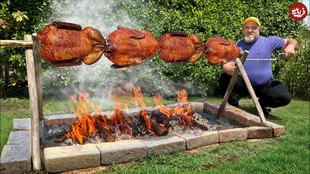 ببینید؛ غذای روستایی در آذربایجان؛ کباب کردن اردک طعم دار شده روی آتش