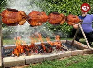 ببینید؛ غذای روستایی در آذربایجان؛ کباب کردن اردک طعم دار شده روی آتش