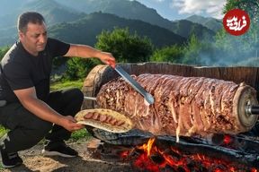 ببینید| غذای روستایی در آذربایجان؛ تهیه دونر کباب روی آتش با گوشت گاو 1000 دلاری