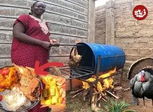 ببینید| غذای روستایی در کنیا؛ کباب کردن مرغ در بشکه به روش یک بانوی روستایی