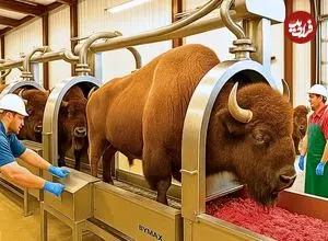 ببینید| مراحل پرورش و فرآوری هزاران گاومیش کوهان دار در امریکا