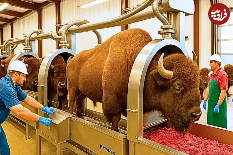 ببینید| مراحل پرورش و فرآوری هزاران گاومیش کوهان دار در امریکا