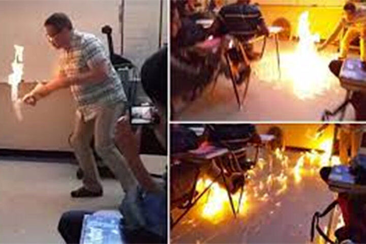 ( ویدیو) آزمایش عجیب و خطرناک یک معلم شیمی در کلاس درس