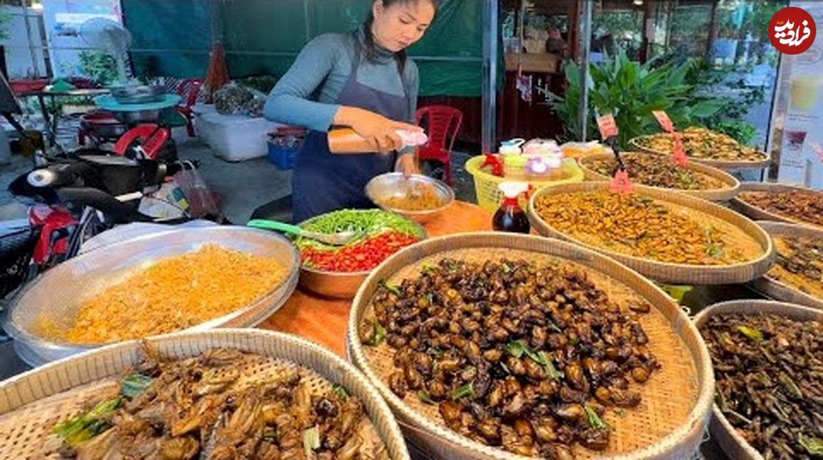 ببینید؛ غذای خیابانی در کامبوج؛ جیرجیرک و ملخ سرخ شده با سبزیجات در سیم ریپ