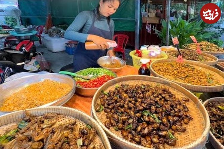 ببینید؛ غذای خیابانی در کامبوج؛ جیرجیرک و ملخ سرخ شده با سبزیجات در سیم ریپ
