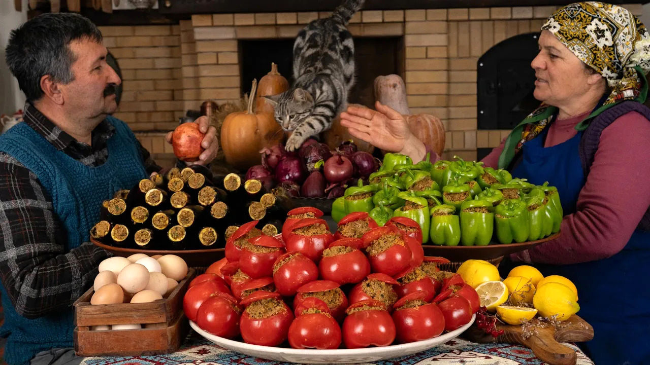 (ویدئو) فرآیند پخت دلمه بادمجان، گوجه و فلفل توسط مادربزرگ روستایی آذربایجانی