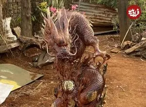 ببینید| مراحل خلق مجسمه اژدها با تنه درخت و به روش هنرمند چینی