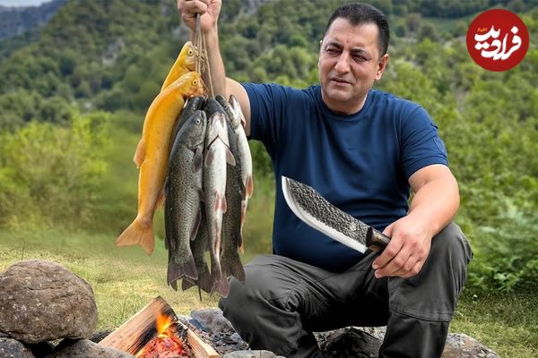 ببینید| غذای روستایی در آذربایجان؛ صید قزل آلا و کباب کردن آن روی سنگ