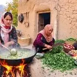 ببینید| غذای روستایی در افغانستان؛ پخت آش سنتی با اسفناج در روستایی زیبا