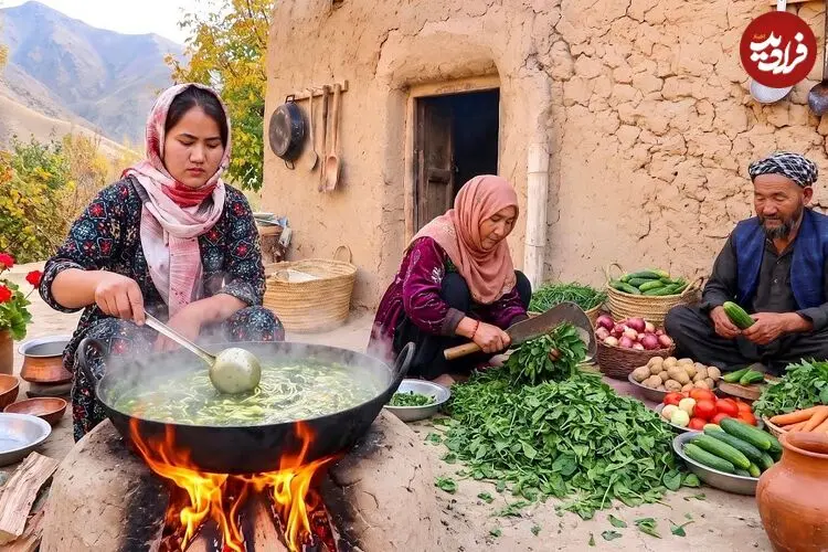 ببینید| غذای روستایی در افغانستان؛ پخت آش سنتی با اسفناج در روستایی زیبا