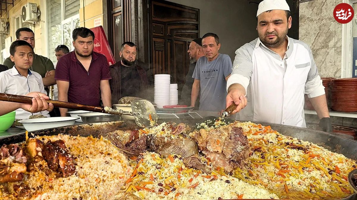 (ویدئو) غذای خیابانی در ازبکستان؛ پخت پلو ازبکی با گوشت در تاشکند 