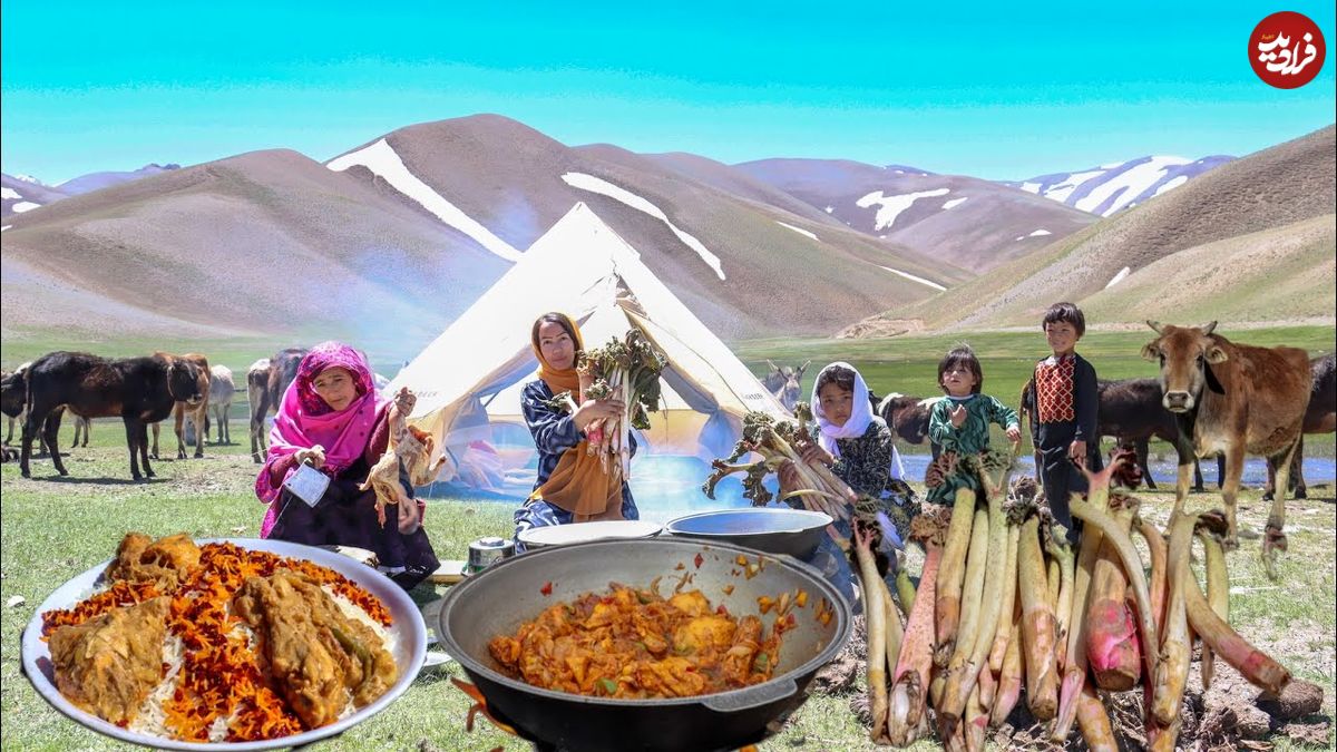 ببینید؛ غذای روستایی در افغانستان؛ پخت زرشک پلو با مرغ و ریواس کنار رودخانه