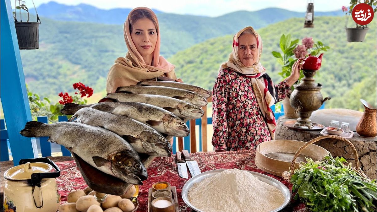 ببینید؛ غذای روستایی در ایران؛ کباب کردن ماهی قزل آلا در تنور و پخت نان