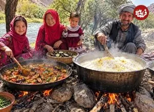 ببینید| غذای روستایی در افغانستان؛ پخت قابلی پلو با بادمجان در کنار رودخانه