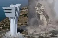 عکس| لحظه انهدام و سقوط برج مراقبت دریایی چابهار در حمله آمریکا