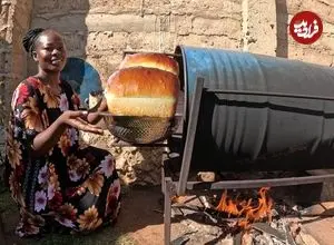 ببینید| غذای روستایی در کنیا؛ پخت نان سنتی در بشکه