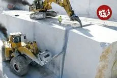 ببینید| چگونه ماشین های سنگبری غول پیکر، تخته سنگ های عظیم را برش می زنند؟