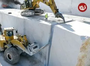 ببینید| چگونه ماشین های سنگبری غول پیکر، تخته سنگ های عظیم را برش می زنند؟