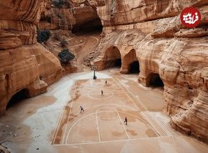 (تصاویر) منظرۀ خیال‌انگیز زمین‌های بسکتبال در بیابان‌های عربستان