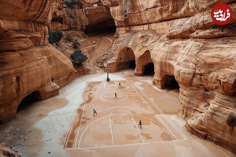 (تصاویر) منظرۀ خیال‌انگیز زمین‌های بسکتبال در بیابان‌های عربستان