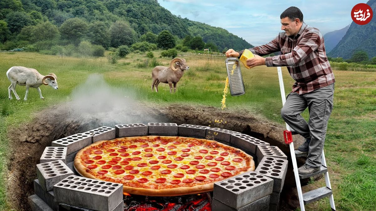 ببینید؛ غذای روستایی در آذربایجان؛ پخت پیتزای بزرگ در تنور زیر زمینی در کوهستان