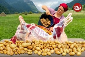 ببینید؛ غذای روستایی در آذربایجان؛ کباب بره شکم پر در طبیعت