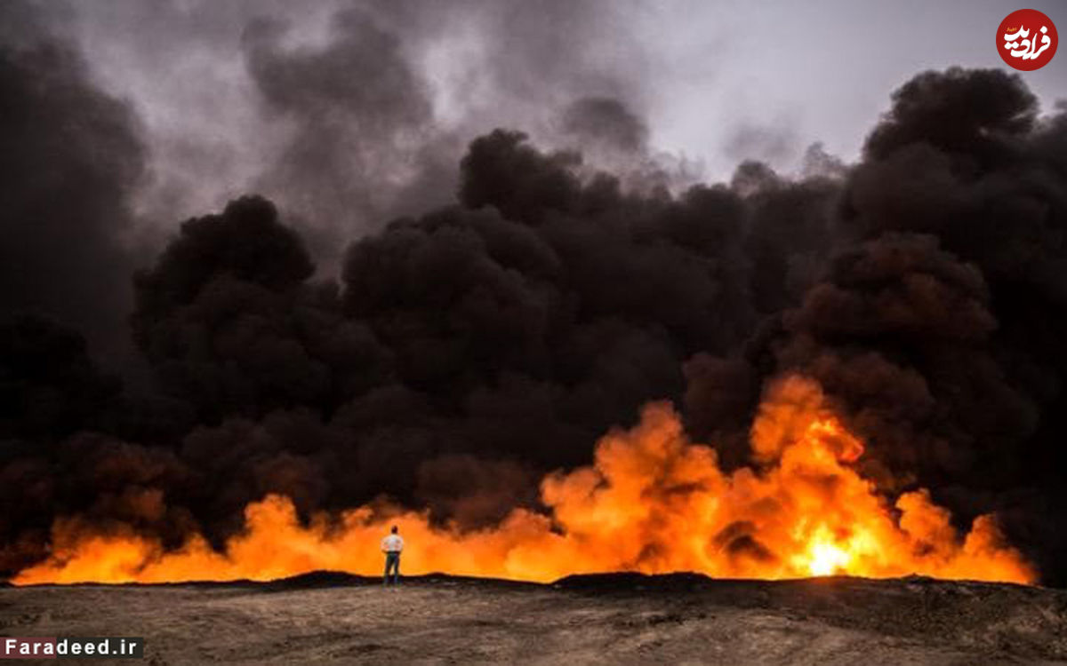 تصاویر/ داعش چاه‌های نفت "القیاره" را آتش زد