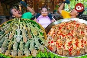 ببینید| غذای روستایی در سنگاپور؛ کباب مارمولک گکو با کنجد روی زغال در طبیعت