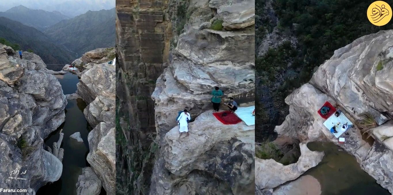 (ویدئو) افطار خوردن روی خطرناک‌ترین آبشار عربستان
