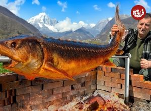 ببینید؛ غذای روستایی در آذربایجان؛ کباب کردن ماهی خاویاری بزرگ در طبیعت