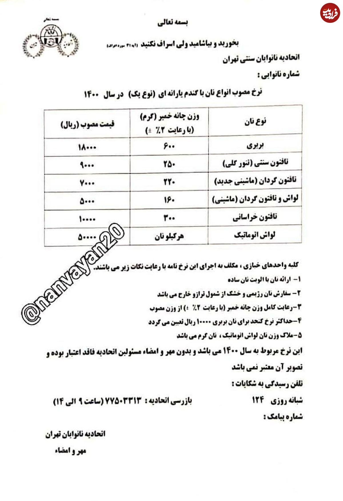 نرخ جدید نان اعلام شد