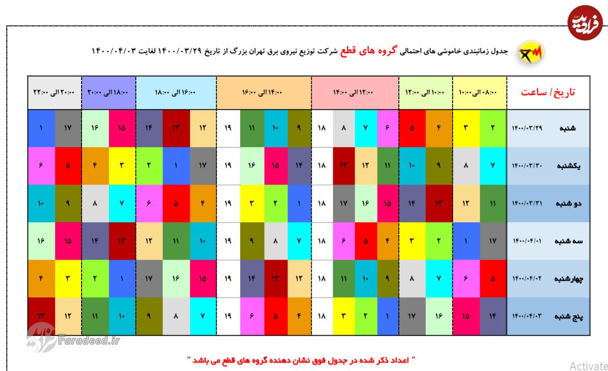 جدول زمان بندی قطعی برق تهران از ۲۹ خرداد تا ۳ تیر ۱۴۰۰