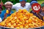 ببینید| غذای روستایی در هند؛ تهیه چیپس سیب زمینی در طبیعت روستا