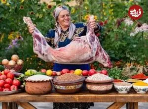 ببینید| غذای روستایی در آذربایجان؛ کباب کردن بز شکم پر روی آتش