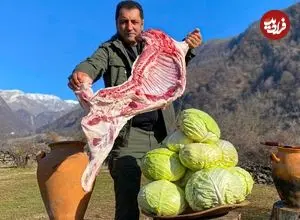ببینید| غذای روستایی در آذربایجان؛ پخت دلمه کلم با گوشت بره در روستا