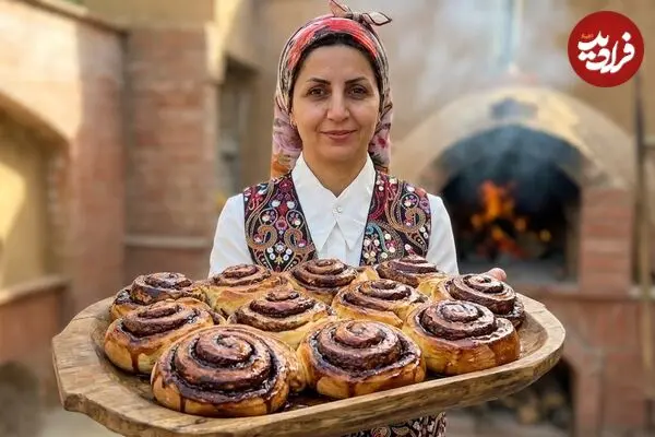 ببینید| غذای روستایی در ایران؛ پخت نان رول دارچینی و شکلاتی توسط بانوی روستایی