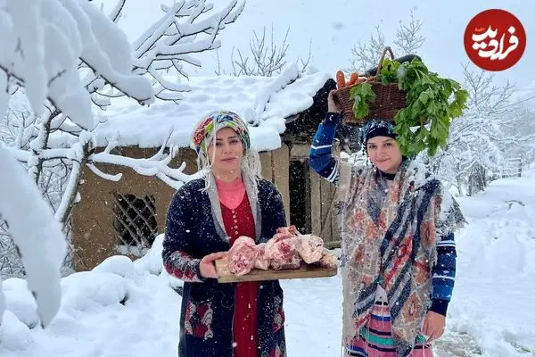 ببینید| غذای روستایی در ایران؛ پخت غذای سنتی با ماهیچه و گردن بره در هوای برفی 