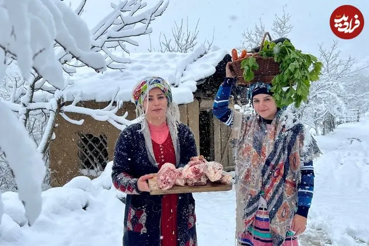 ببینید| غذای روستایی در ایران؛ پخت غذای سنتی با ماهیچه و گردن بره در هوای برفی 