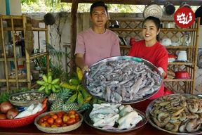 ببینید| غذای روستایی در چین؛ پخت غذا با ماهی مرکب، میگو و آناناس توسط خواهر و برادر روستایی