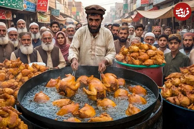 ببینید| غذای خیابانی در پاکستان؛ پخت 500 کیلوگرم مرغ سوخاری با ادویه های مخصوص در پیشاور
