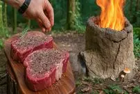 ببینید| غذای روستایی در سوئیس؛ دم کردن قهوه، ساخت تنور گِلی  و پخت استیک در جنگل