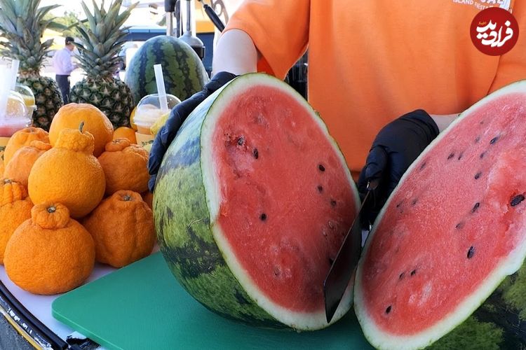 ببینید؛ غذای خیابانی در کره؛ برش زدن هندوانه، آناناس، مرکبات و تهیه آبمیوه در جزیره ججو