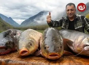 ببینید| غذای روستایی در آذربایجان؛ تهیه یک غذای سنتی با 3 ماهی بزرگ در یک روستای بهشتی