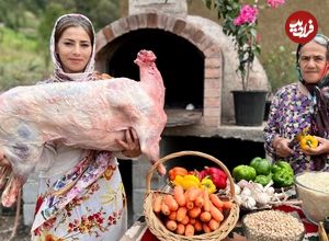 ببینید؛ غذای روستایی در گیلان؛ پخت بره شکم پر در تنور