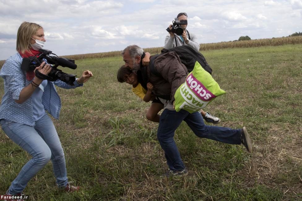 (تصاویر) لگد جنجالی خبرنگار به پدر و پسر پناهجو