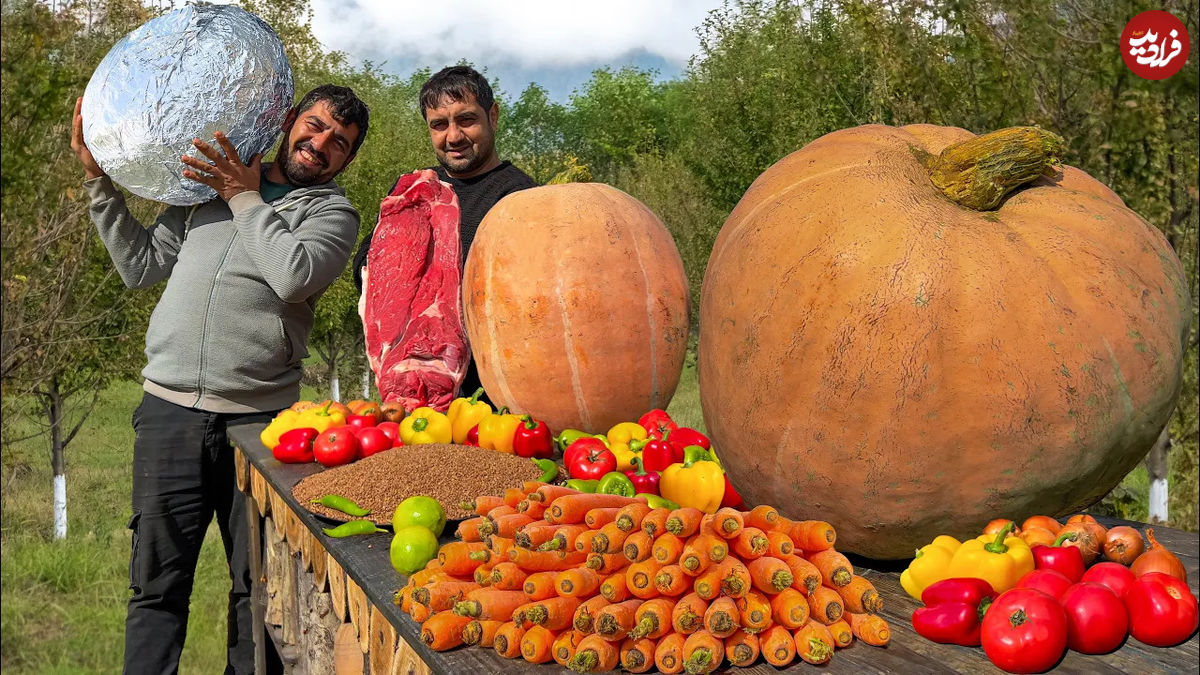 (ویدئو) غذای روستایی در آذربایجان؛ پخت غذا با گوشت، گندم و کدوتنبل 