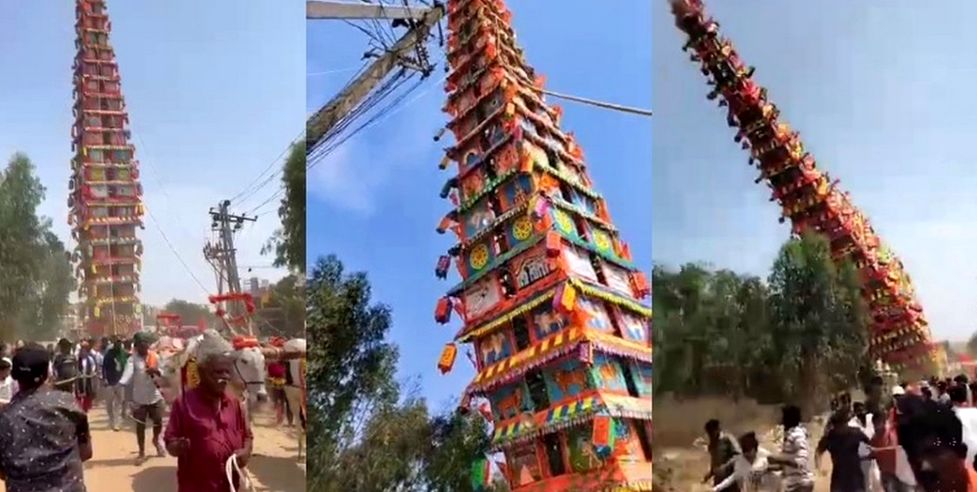 (ویدئو) لحظه سقوط ارابه معبد ۳۰ متری در هند