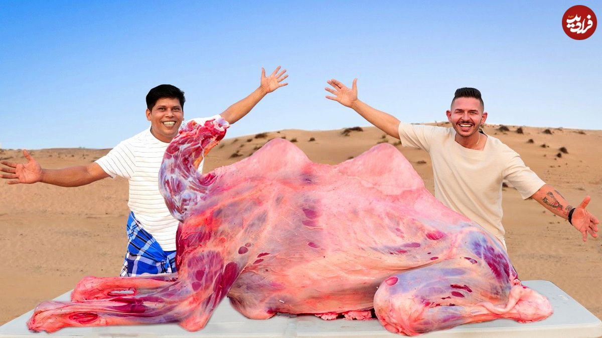 ببینید؛ غذای روستایی در امارات؛ کباب کردن شتر کامل توسط آشپزهای هندی در دبی
