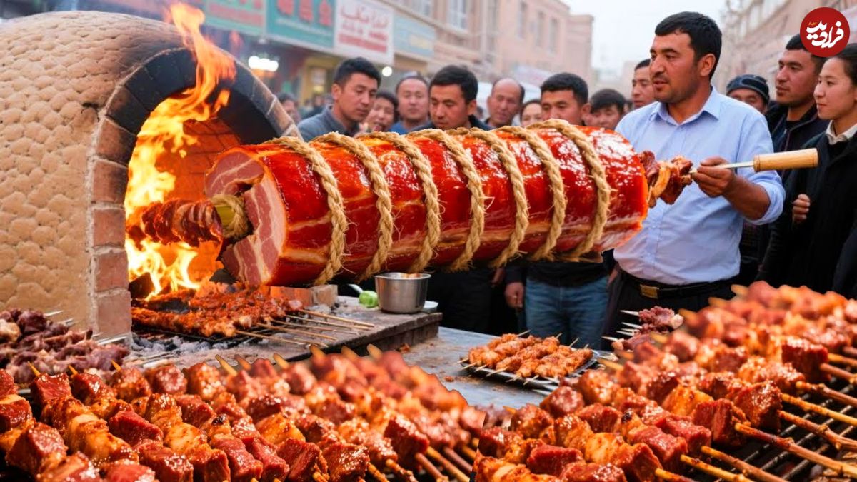ببینید؛ غذای خیابانی در چین؛ کباب بره با سیخ های 4 متری و 8 کیلوگرمی در سین کیانگ!