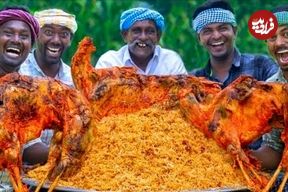 ببینید؛ غذای روستایی در هند؛ پخت بریانی عربی با 3 بز کامل در روستا